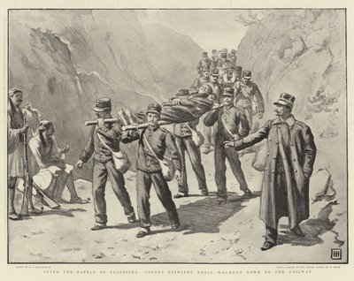 Efter slaget ved Velestino bragte grækere deres sårede ned til jernbanen af George Percy Jacomb Hood